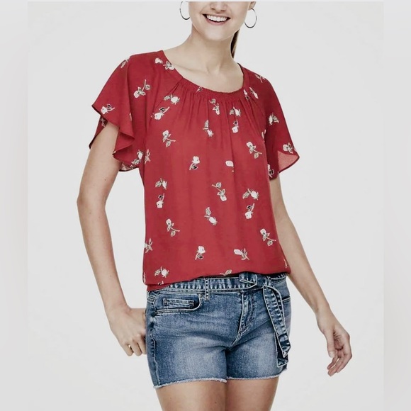 LOFT Tops - LOFT Floral Smocked Flutter Mixed Media Tee